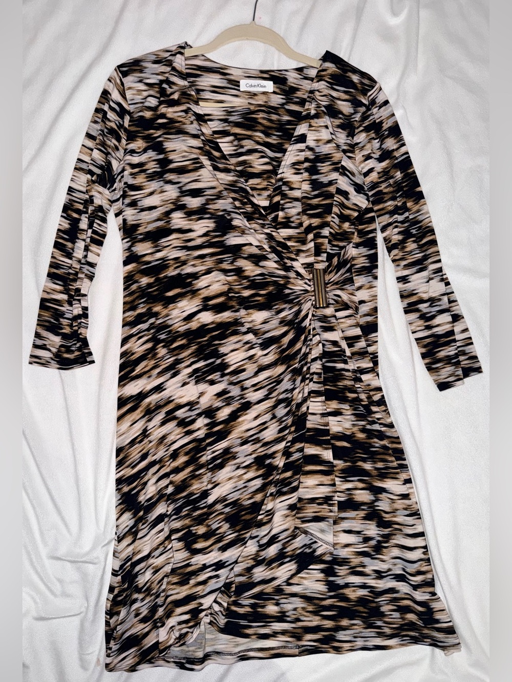 Calvin Klein Black, Beige and Cream Abstract Wrap Dress
